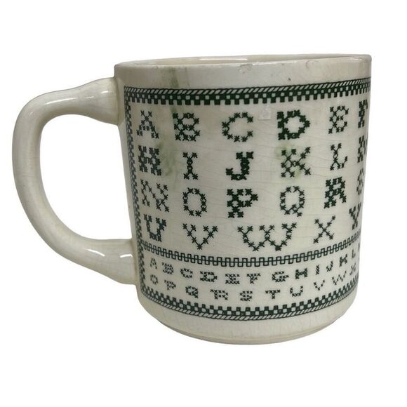 Vintage White Green Sampler Mug USA Crafter Needlepoint Cross Stitch Coffee Mug - Picture 2 of 8